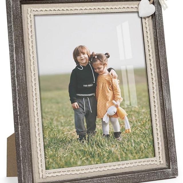Sapowerntus 8x10 Picture Frames Rustic Wood Farmhouse Cute Heart Love Solid Wooden Family Photo Frame Lace Bow Glass Boho Wall Decor Hanging Tabletop Kids Mom Mother Wedding Gift
