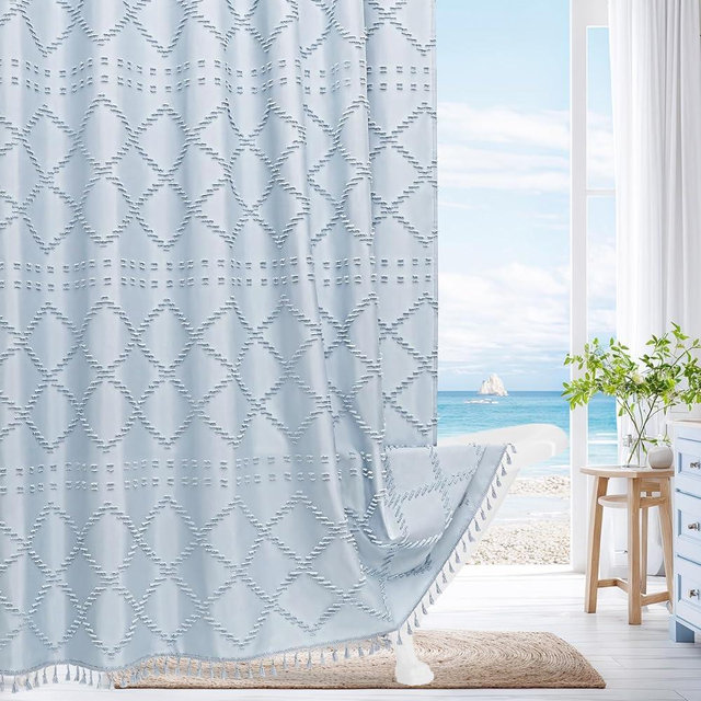 Craidlela Boho Fog Blue Woven Fabric Shower Curtain with Tassel 72 x 72, Bohemia Tufted Chevron Striped Chic Textured, Blue Waterproof Modern Farmhouse Minimalist Curtain for Bathroom, Hotel Decor