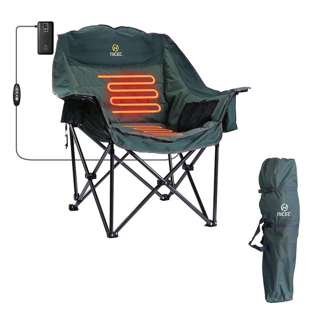Nice C Heated Camping Chairs, Outdoor Heated Chair, Oversized XL Padded Camping Chair, Outdoor Chair, Camp Chair, Lounge Chair, Wide&Thick, Heavy Duty 400lb, Carry Bag, Cupholder & Cooler (One Green)