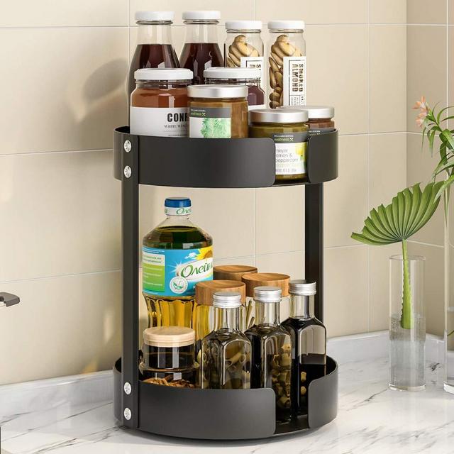 Pusdon 2 Tier Lazy Susan Organizer, 360-degree Turntable Spice Seasoning Rack Rotating Kitchen Shelf, Storage Rack for Cabinet, Pantry, Bathroom, Countertop, Office Space Save Must Have, Black