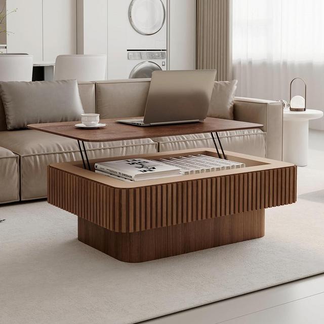 BSYEIO Coffee Table with Lifting Top for Living Room,Mid Century Modern Wood Fluted Lift Up Coffee Tables with Storage,38.6'' Modern Smart Rectangular Lift Up Tabletop for Apartment Office,Walnut