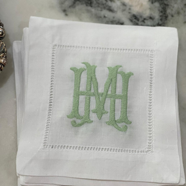 Cocktail Napkins, Hemstitch Linen Monogrammed Cocktail Napkin, custom Embroidered