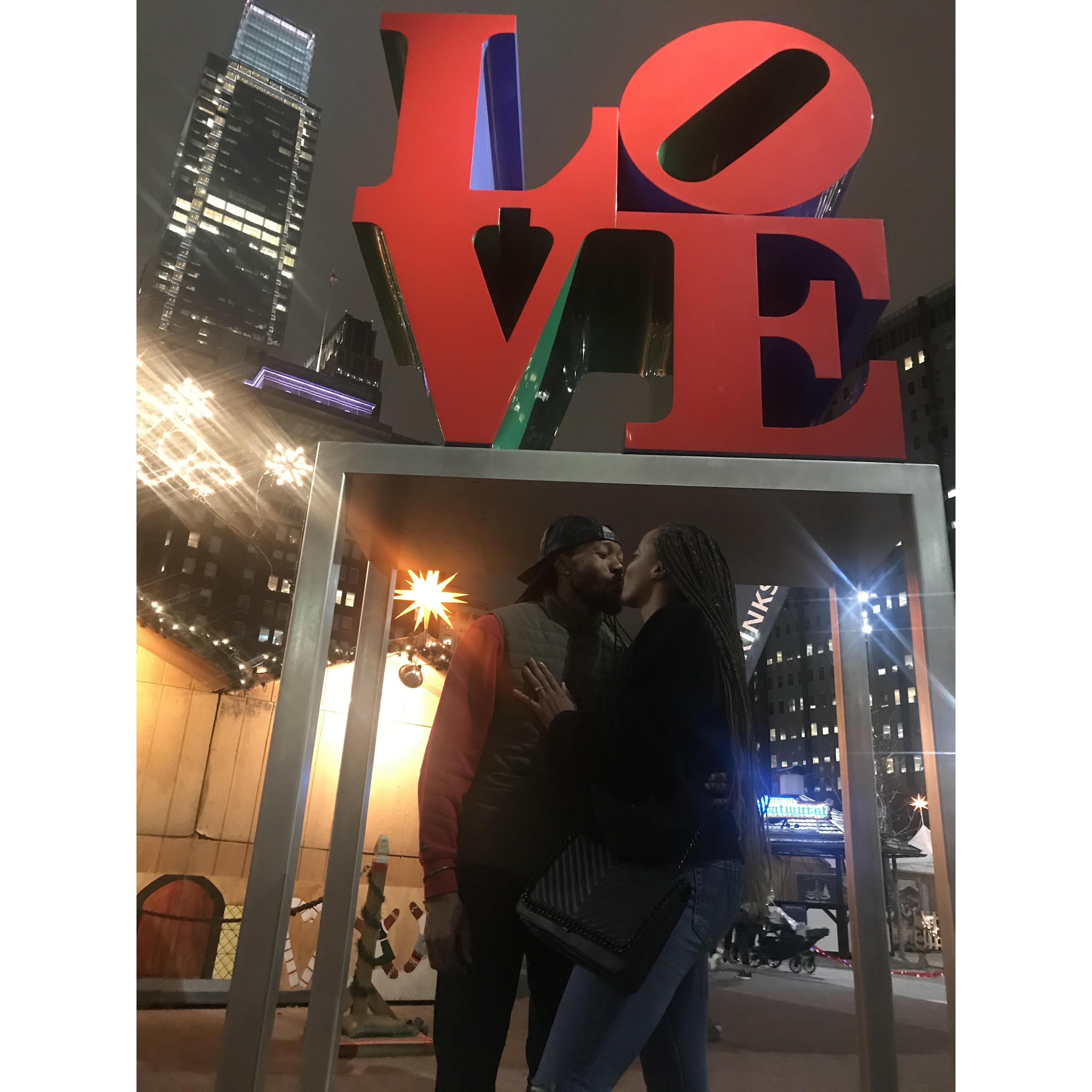 Showing each other love in Love Park the night of the proposal!