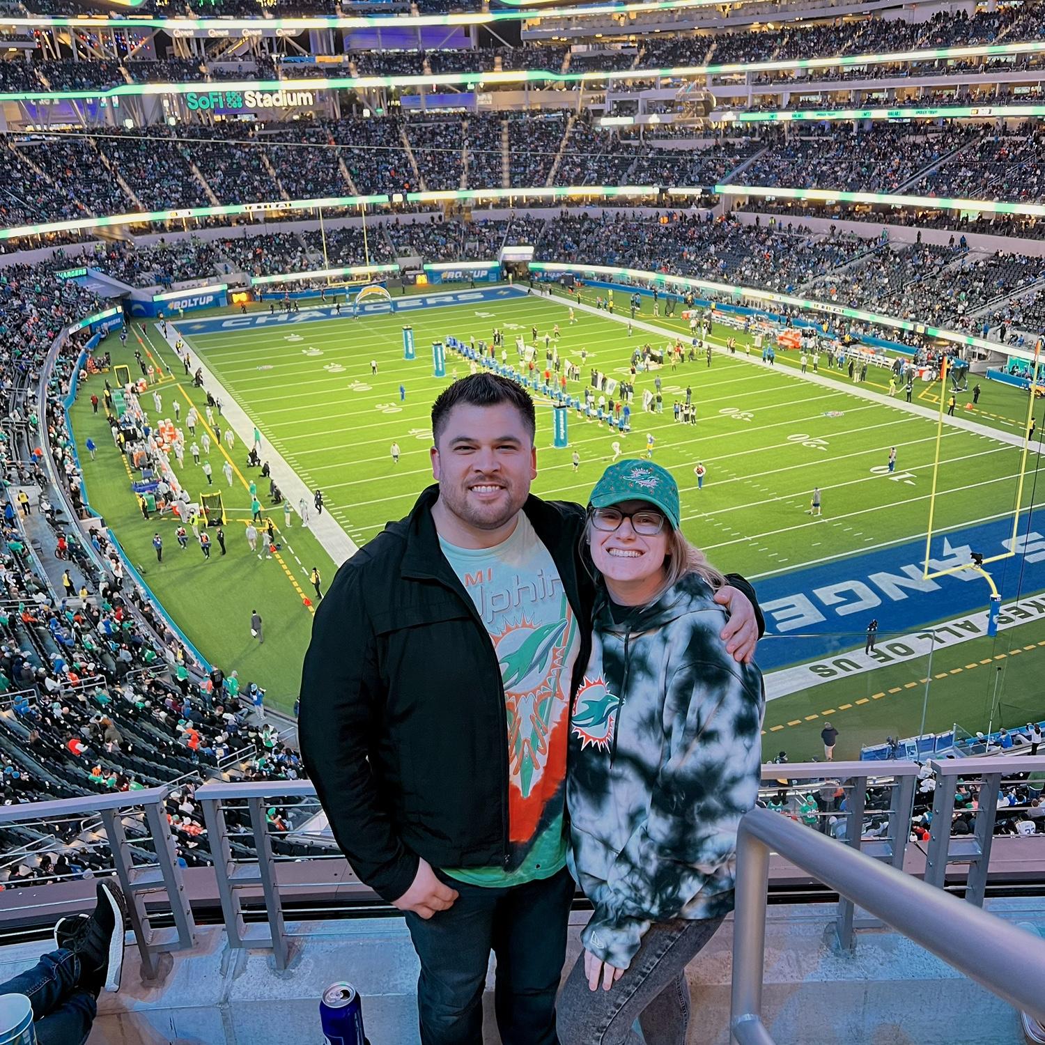 Attending a Dolphins NFL game at SoFi Stadium. Phins up!