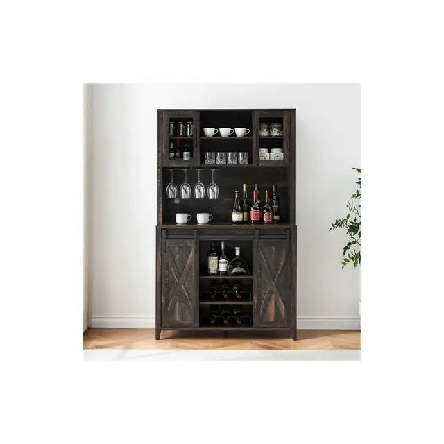WhizMax Coffee Bar Wine Cabinet with Sliding Barn Doors, 70" Tall Farmhouse Kitchen Hutch with Wine & Glasses Rack, for Kitchen, Dining Room, Oak